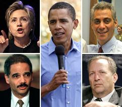 Barack Obama and likely administration appointees, clockwise from top left: Hillary Clinton, Rahm Emanuel, Lawrence Summers and Eric Holder